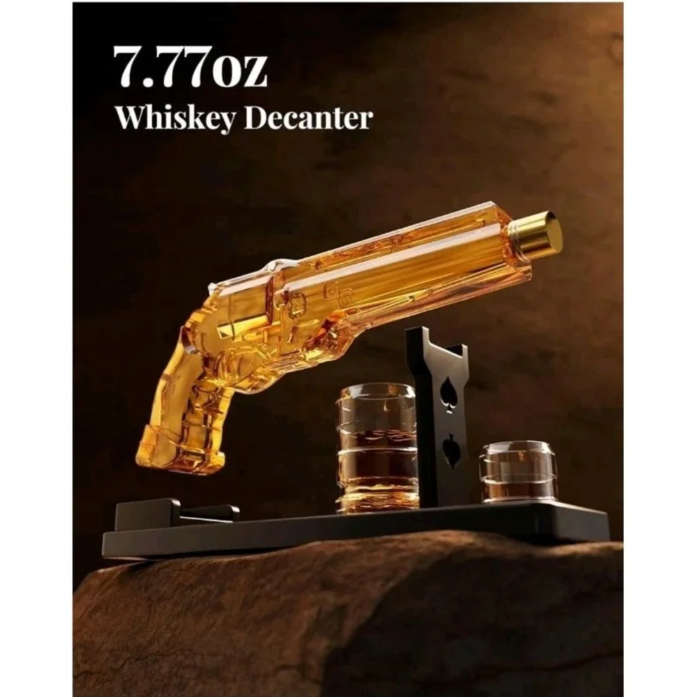 Handcrafted Revolver Whiskey Decanter Set W/ Shot Glasses Perfect Gift Men New